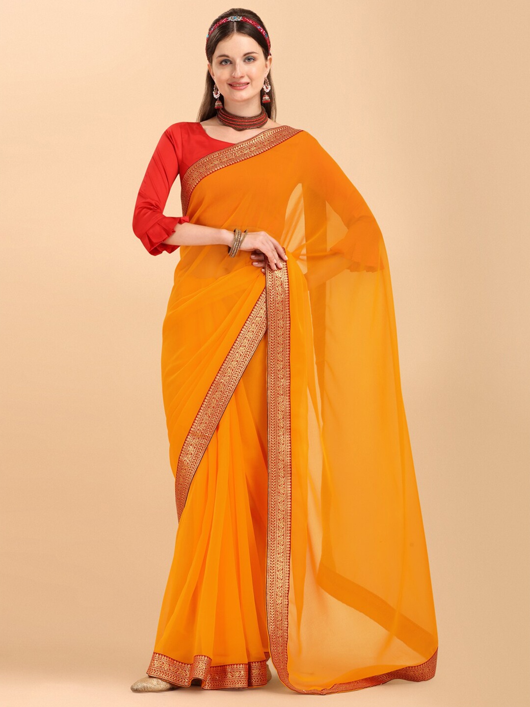 

Sangria Mustard & Red Pure Georgette Saree