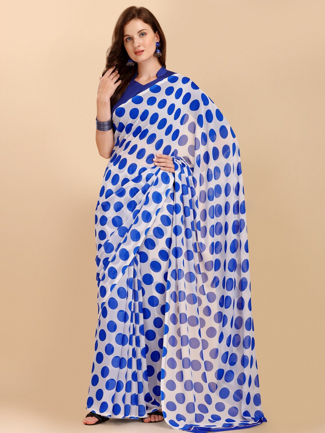 

Sangria Blue & White Polka Dots Pure Georgette Saree
