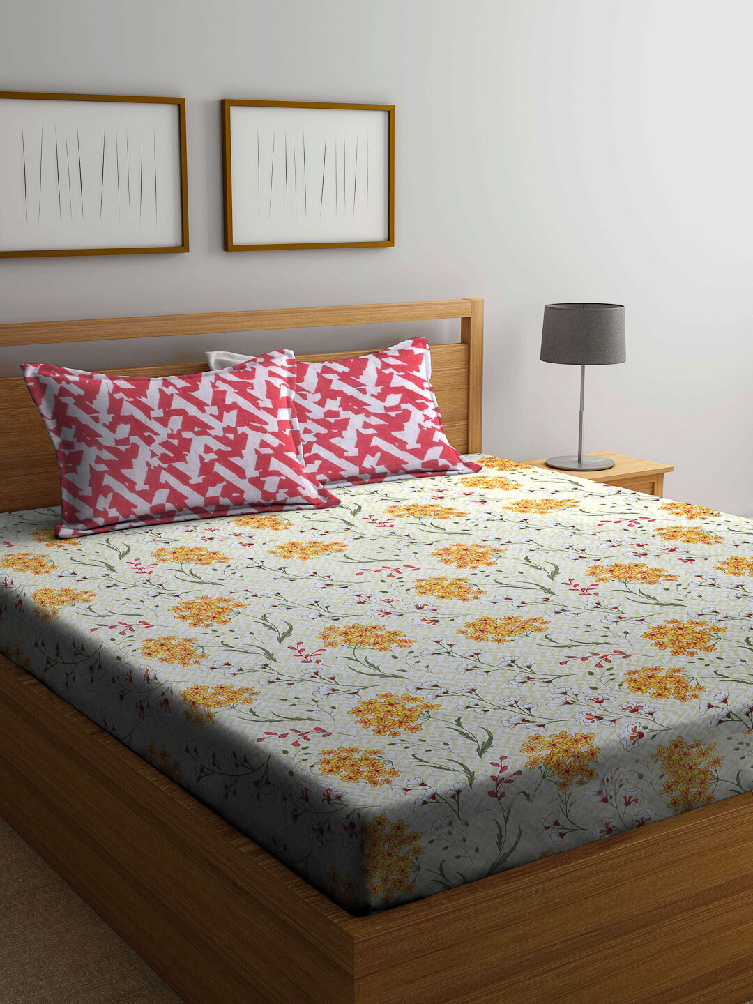 

BOMBAY DYEING Unisex Yellow 104TC Cotton One Double Bedsheet with Two Pillow Cover