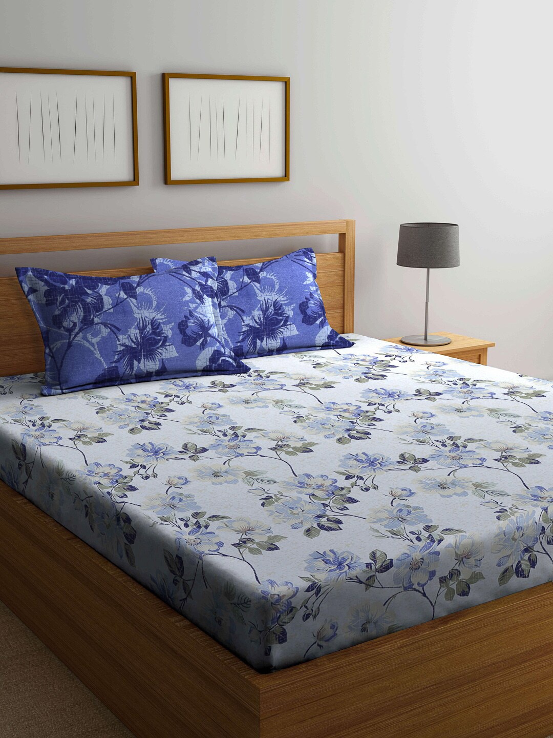 

BOMBAY DYEING Blue & Grey Floral 104 TC Queen Bedsheet with 2 Pillow Covers