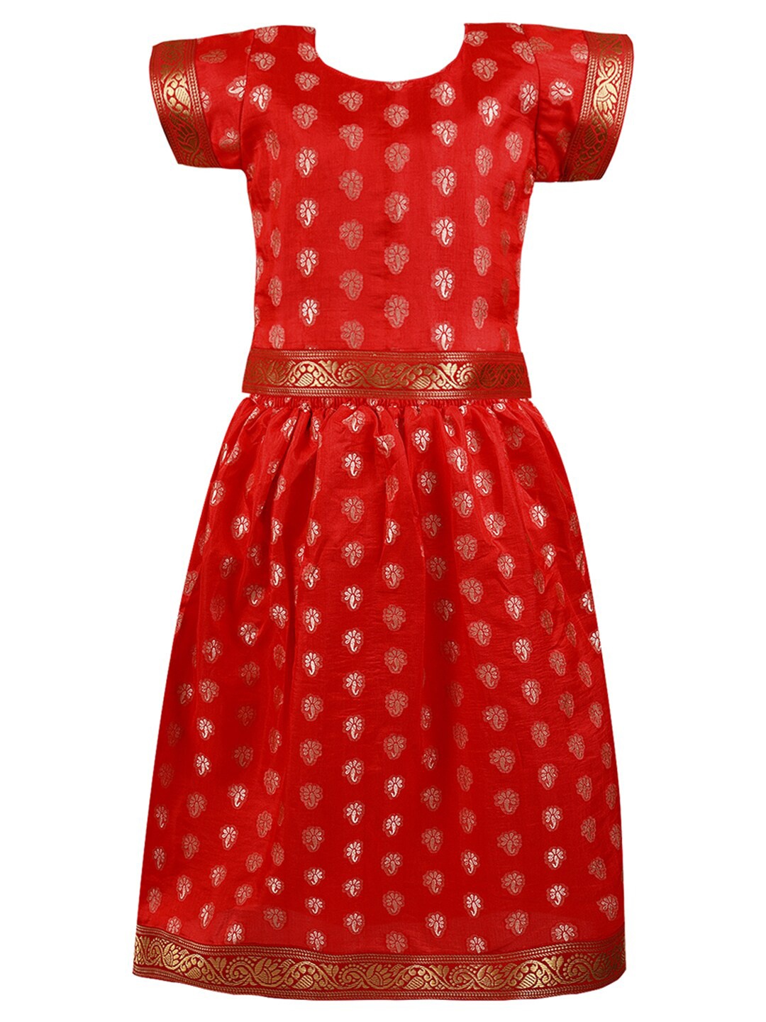 

Wish Karo Girls Red & Gold-Toned Woven Design Ready to Wear Lehenga Choli
