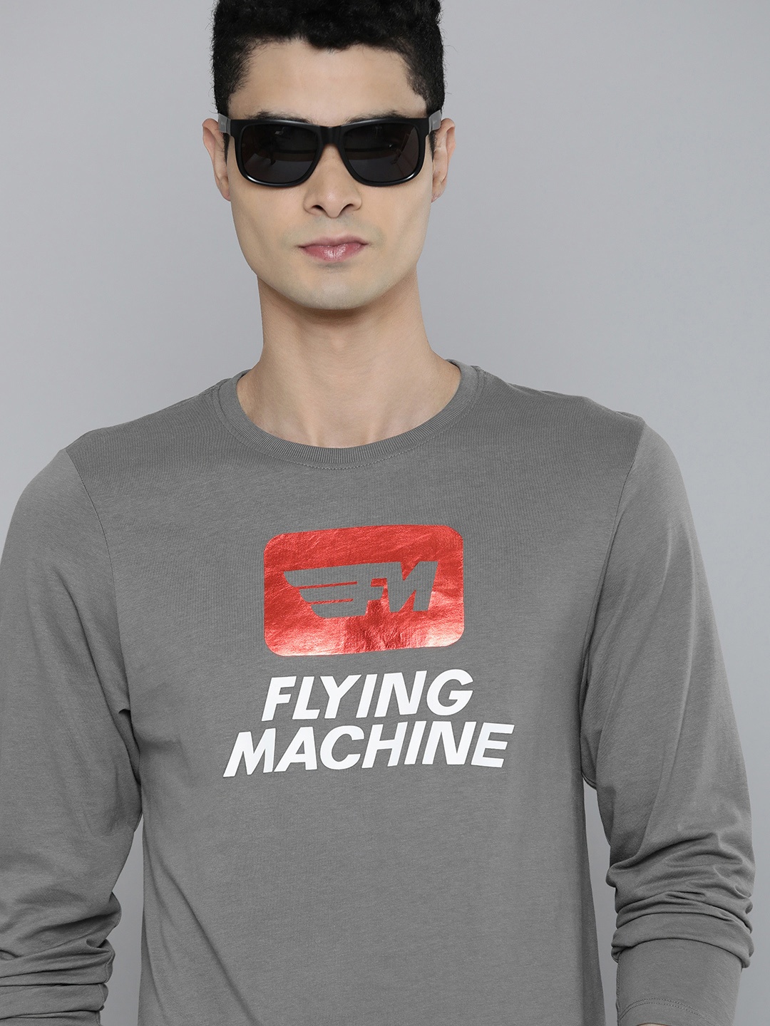 

Flying Machine Men Grey Brand Logo Print Round Neck Pure Cotton Slim Fit T-shirt