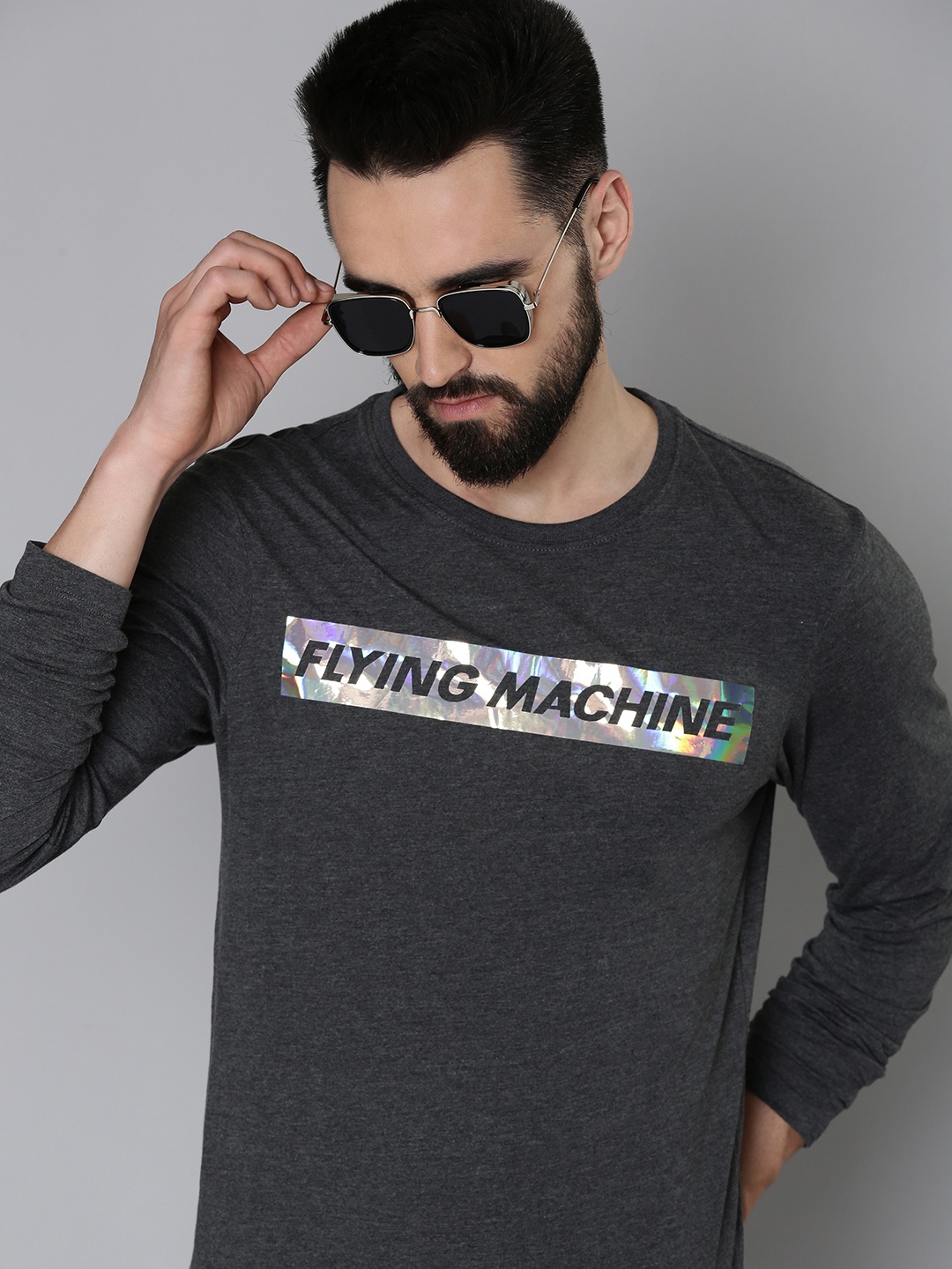 

Flying Machine Men Grey Brand Logo Printed Slim Fit T-shirt