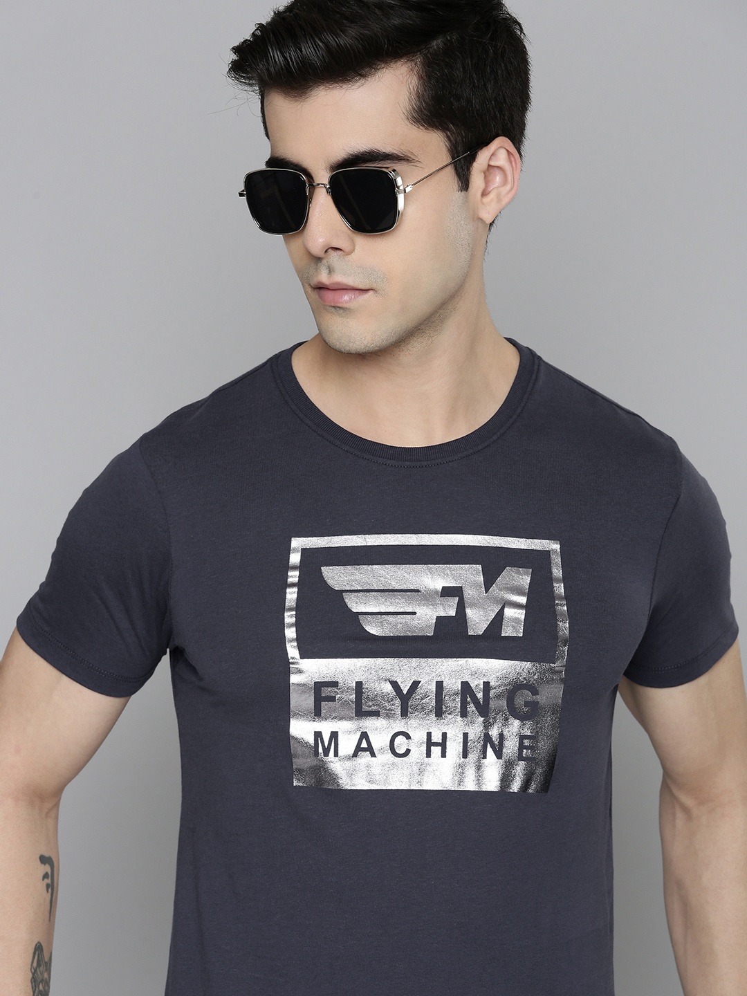 

Flying Machine Men Navy Blue Brand Logo Printed Pure Cotton Slim Fit T-shirt