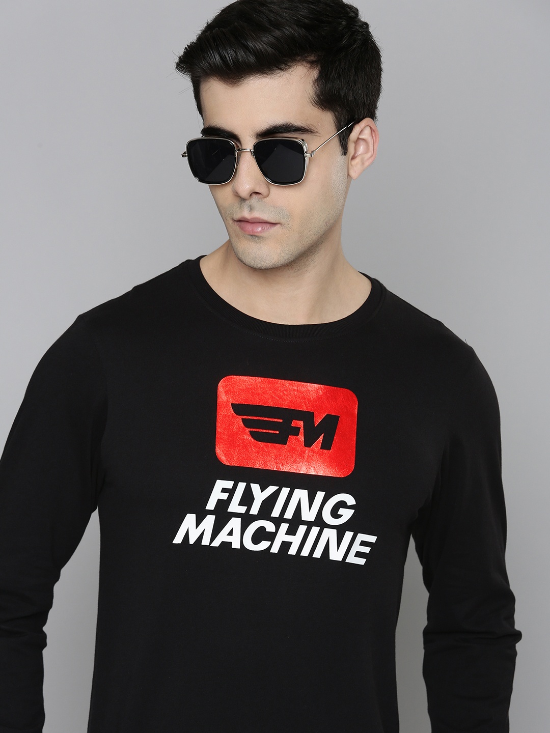 Flying Machine Men Black & White Brand Logo Printed Pure Cotton Slim Fit T-shirt
