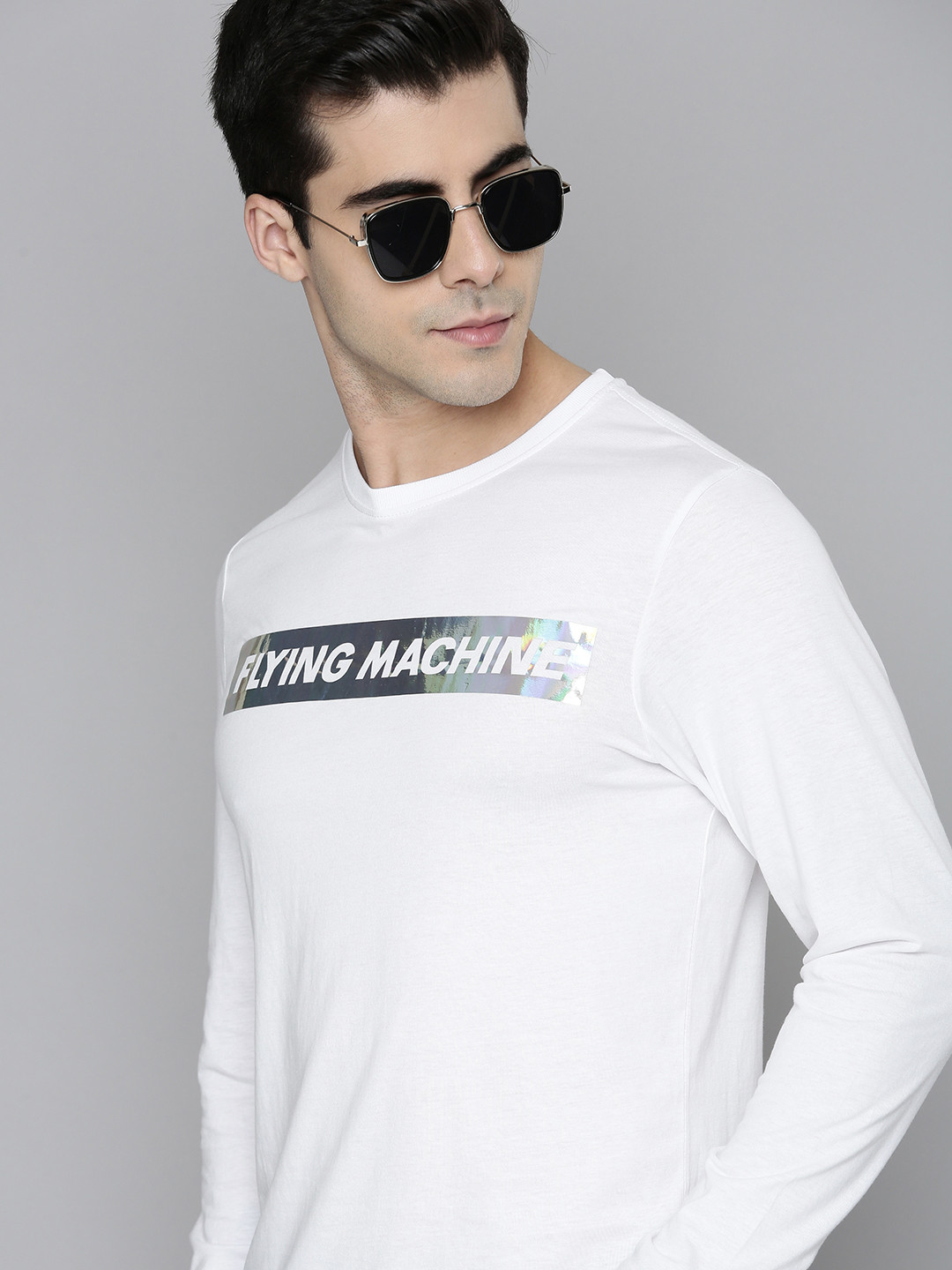 

Flying Machine Men White & Grey Brand Logo Printed Pure Cotton Slim Fit T-shirt