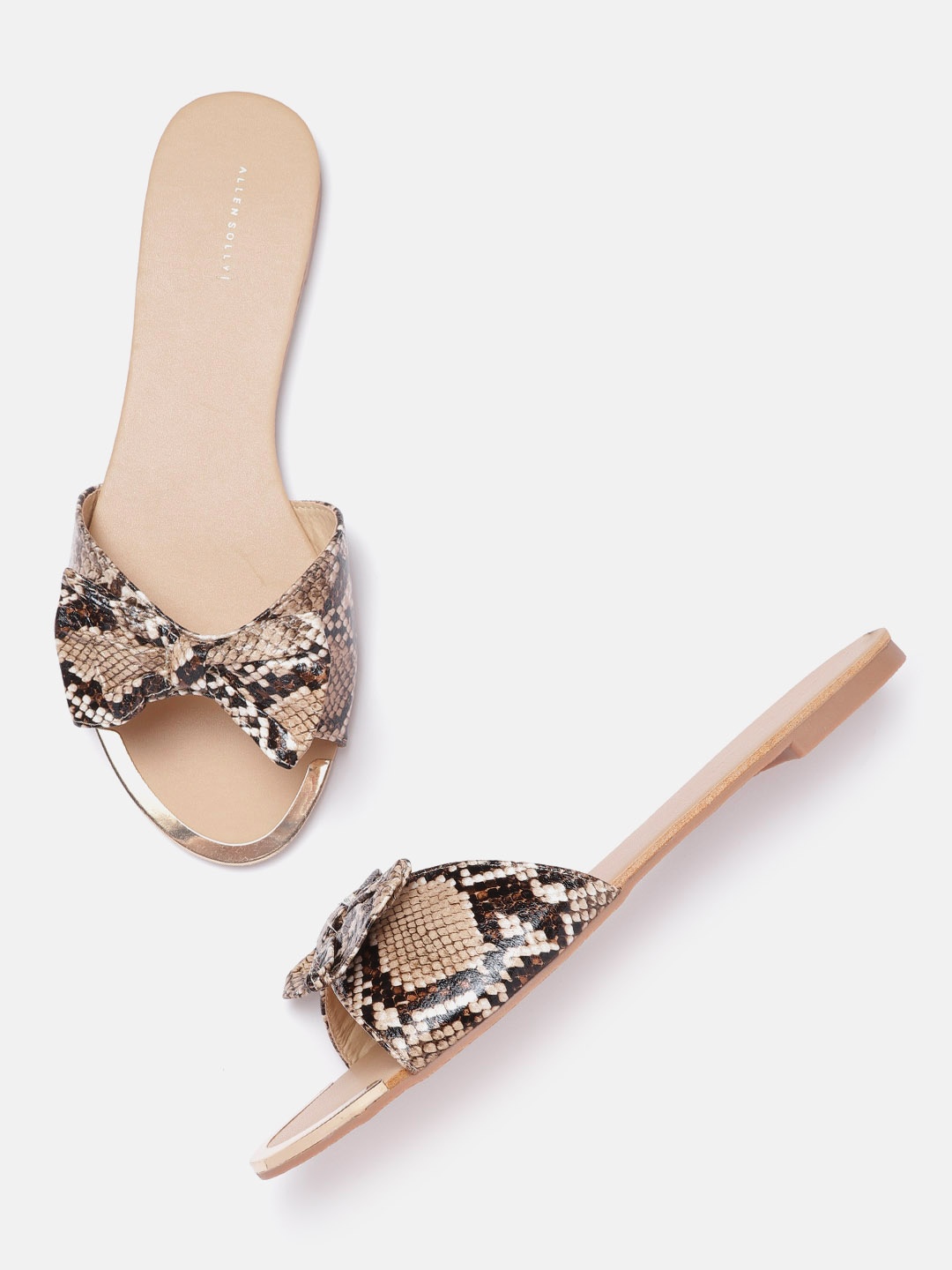 

Allen Solly Women Beige & Coffee Brown Snakeskin Print Open Toe Flats with Bow Detail