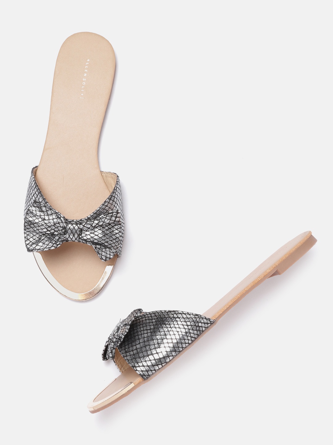 

Allen Solly Women Silver-Toned & Black Snakeskin Print Open Toe Flats with Bow Detail