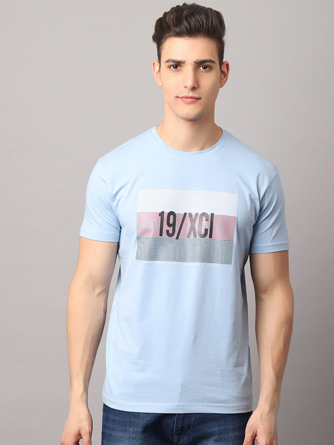

Rodamo Men Blue Typography Printed Slim Fit Cotton T-shirt