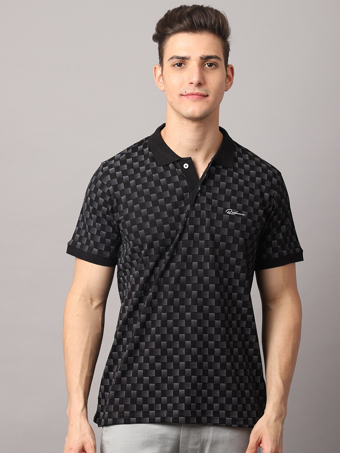 

Rodamo Men Black Printed Polo Collar Slim Fit Cotton T-shirt