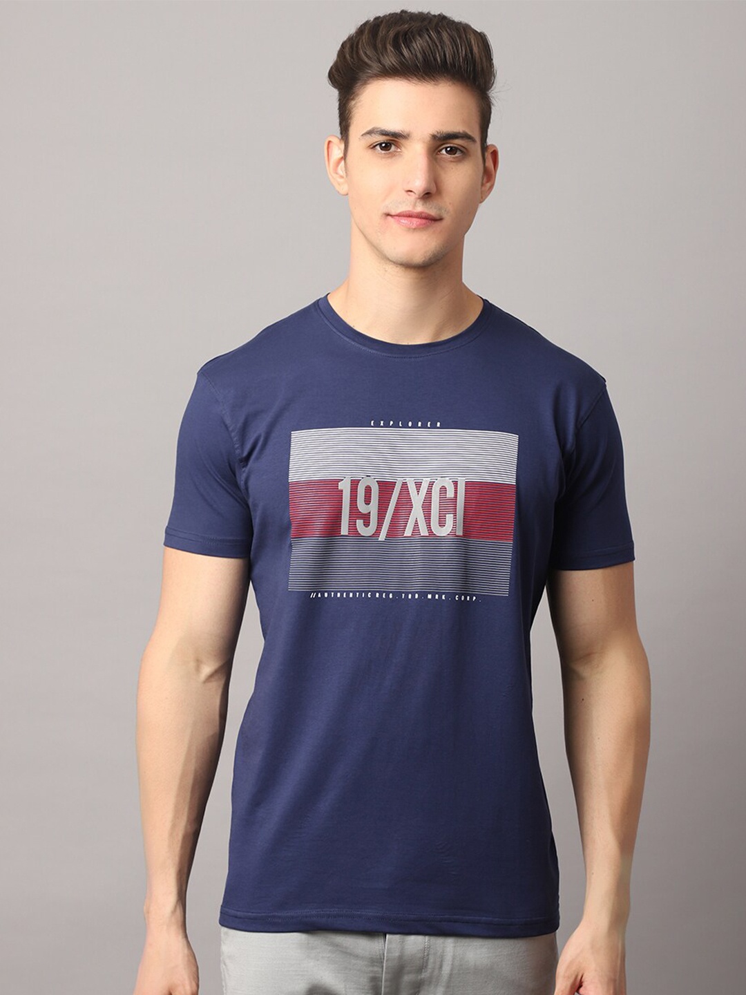 

Rodamo Men Navy Blue Typography Printed Applique Slim Fit T-shirt