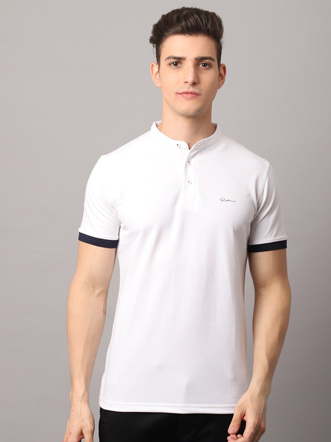 

Rodamo Men White Mandarin Collar Slim Fit T-shirt