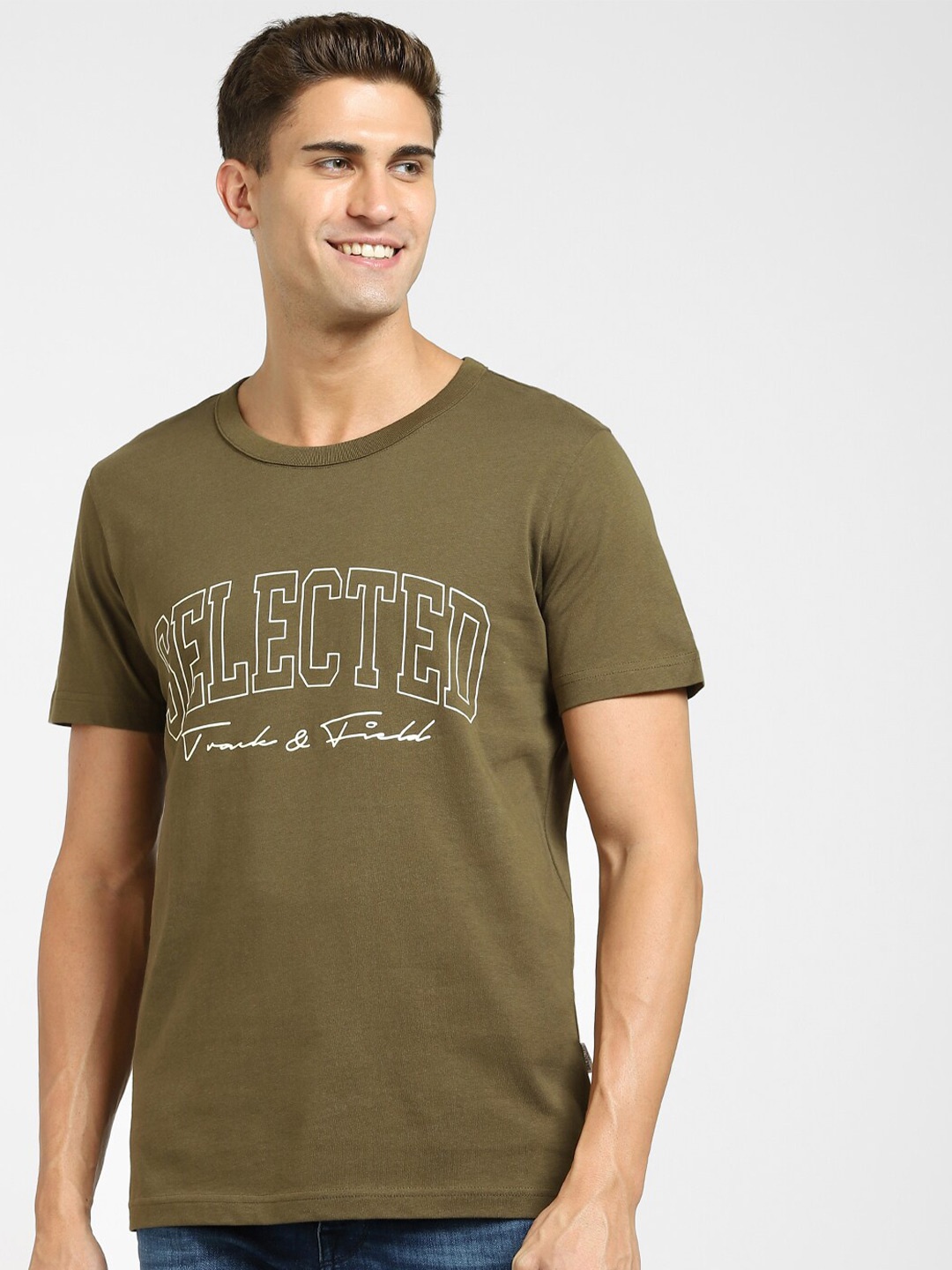 

SELECTED Men Brown Typography Printed Cotton T-shirt