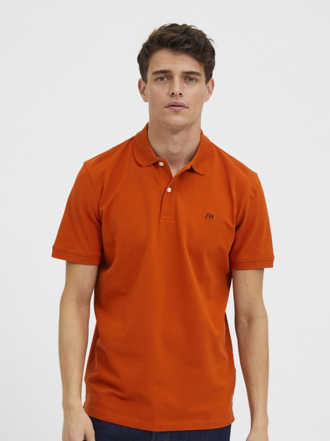 

SELECTED Men Orange Polo Collar Cotton T-shirt