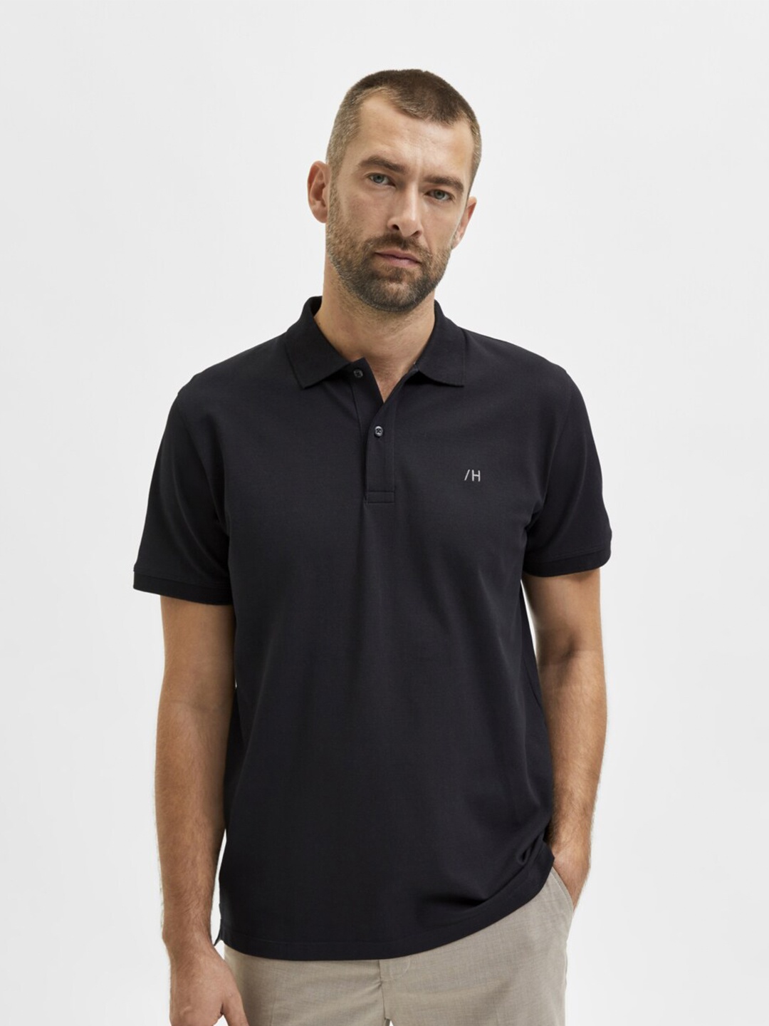 

SELECTED Men Black Solid Cotton Polo Collar T-shirt