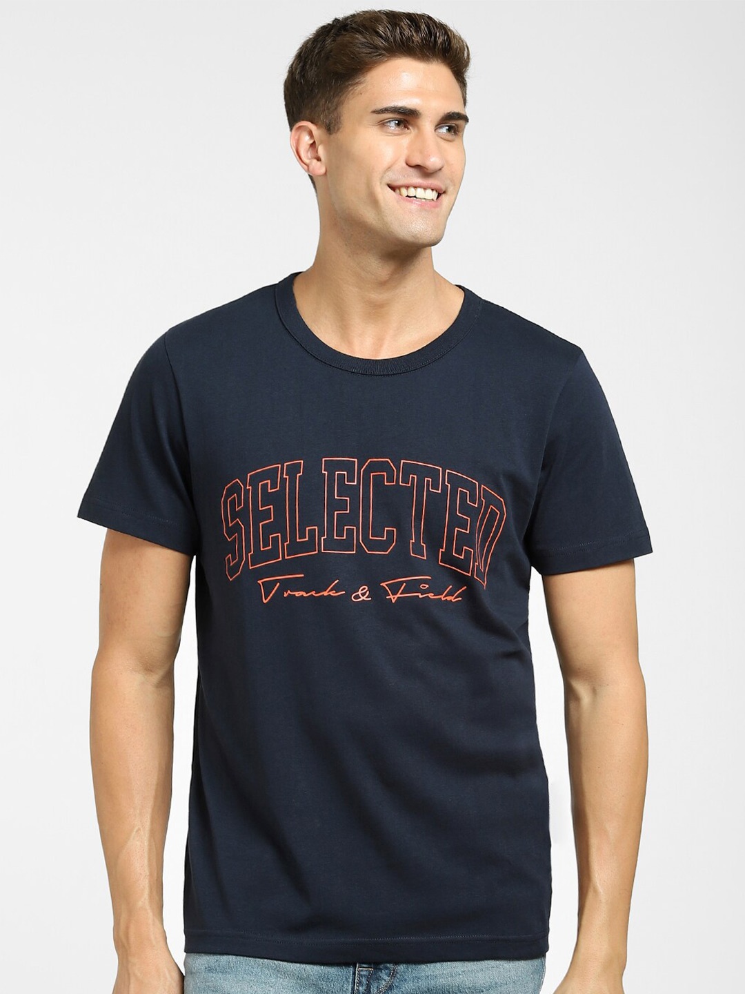 

SELECTED Men Blue Typography Printed Casual T-shirt