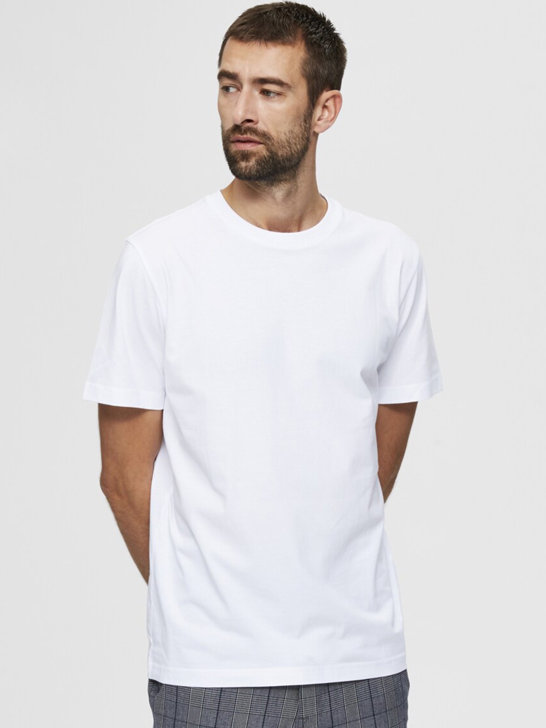 

SELECTED Men White Round-Neck Raw Edge T-shirt