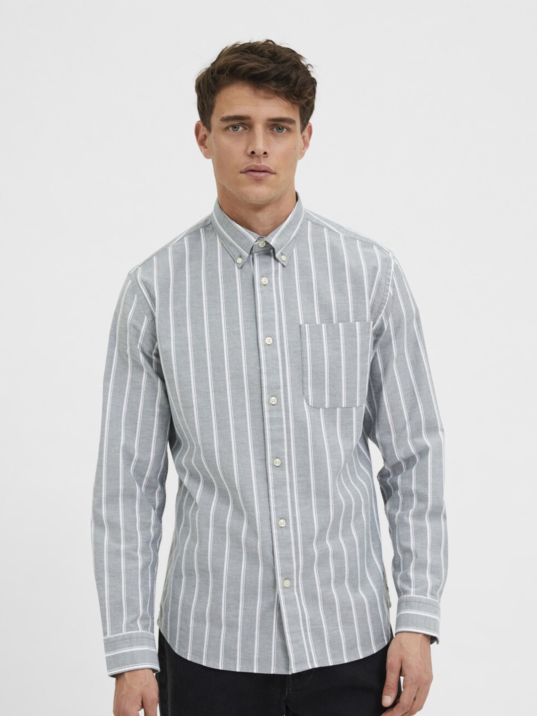 

SELECTED Men Green Striped Casual Shirt