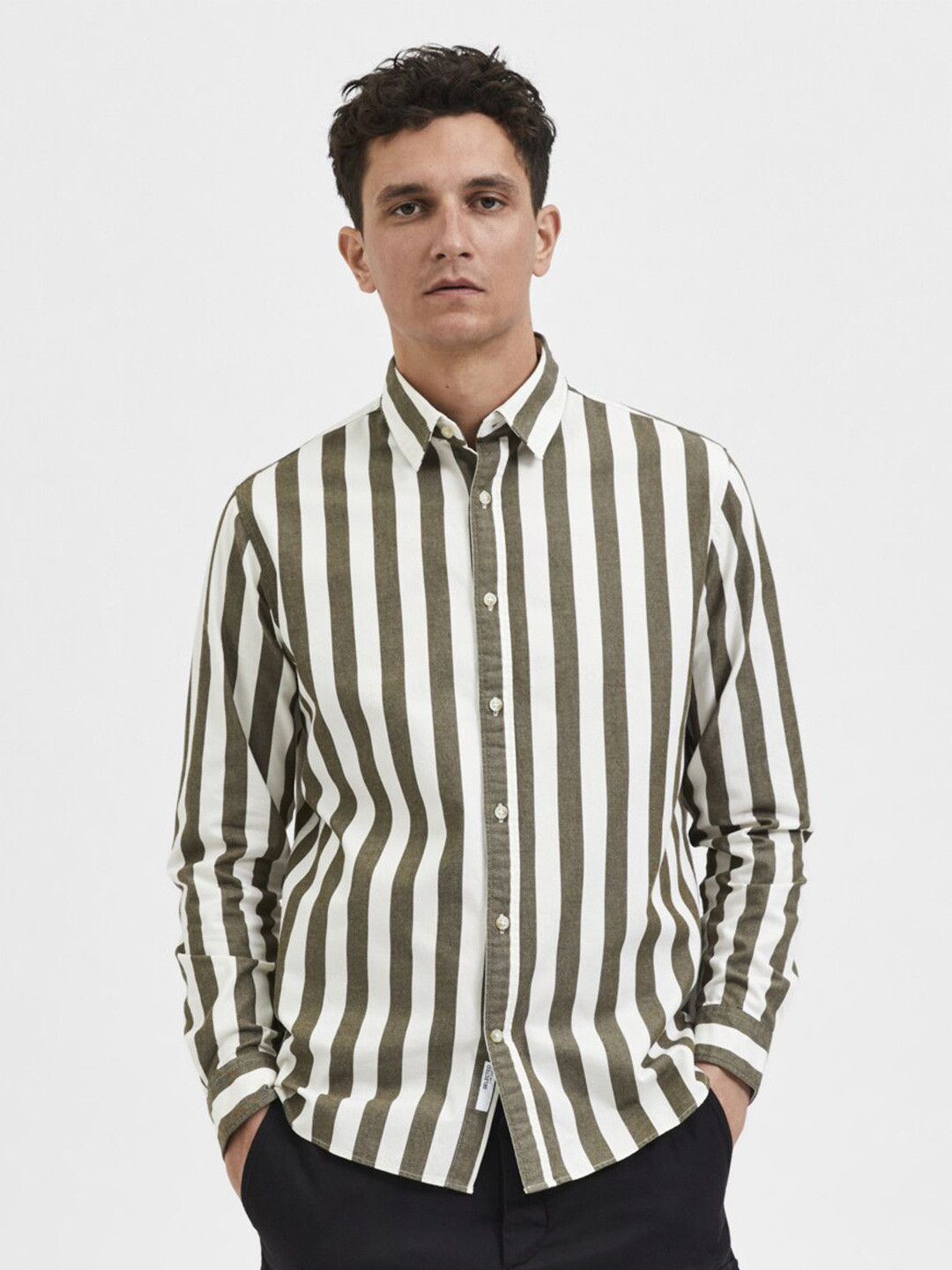 

SELECTED Men Olive Striped Casual Shirt