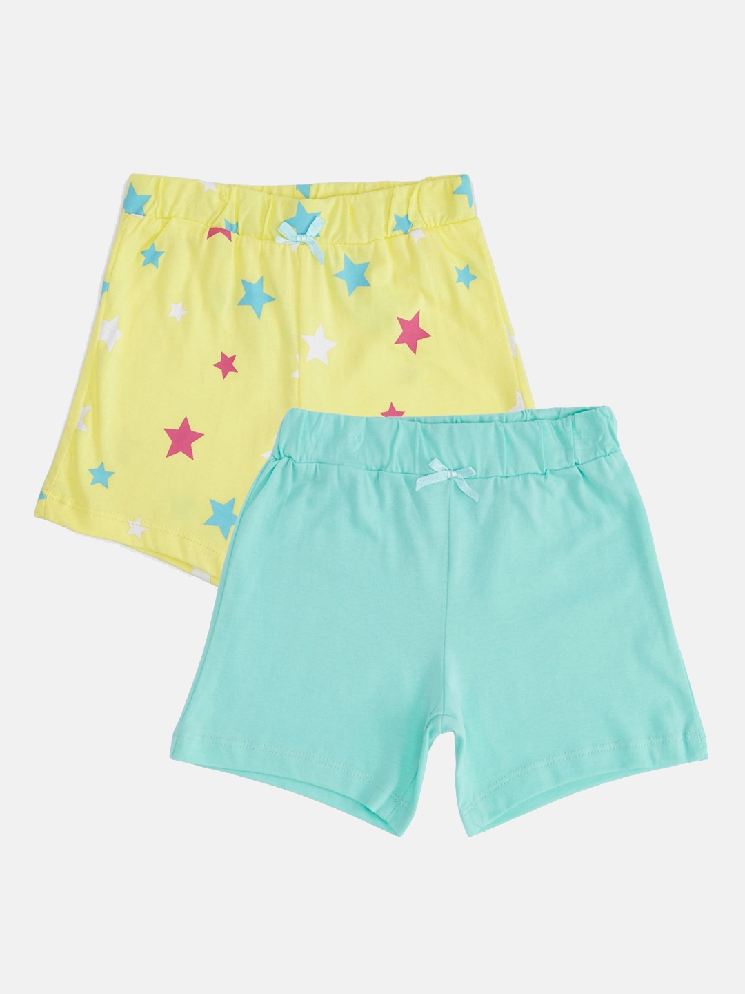 

Pantaloons Baby Kids Girls Yellow & Blue Printed Elasticated Pack of 2 Shorts