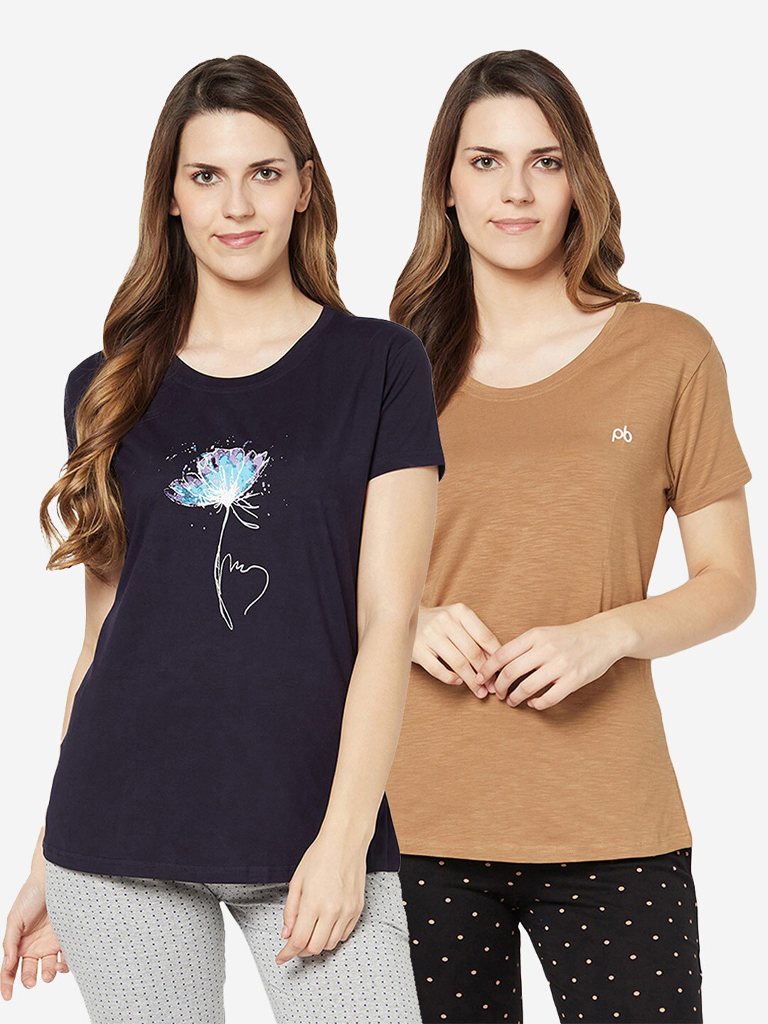 

GROVERSONS Paris Beauty Women Camel Brown & Navy Blue set of 2 T-shirt
