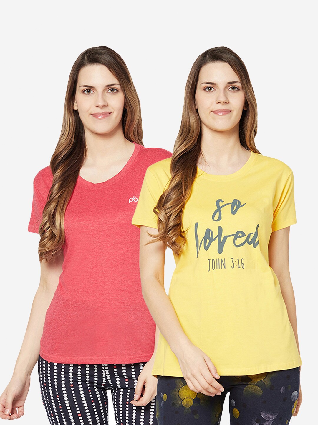 

GROVERSONS Paris Beauty Women Pink & Yellow Typography set of 2 Printed T-shirt