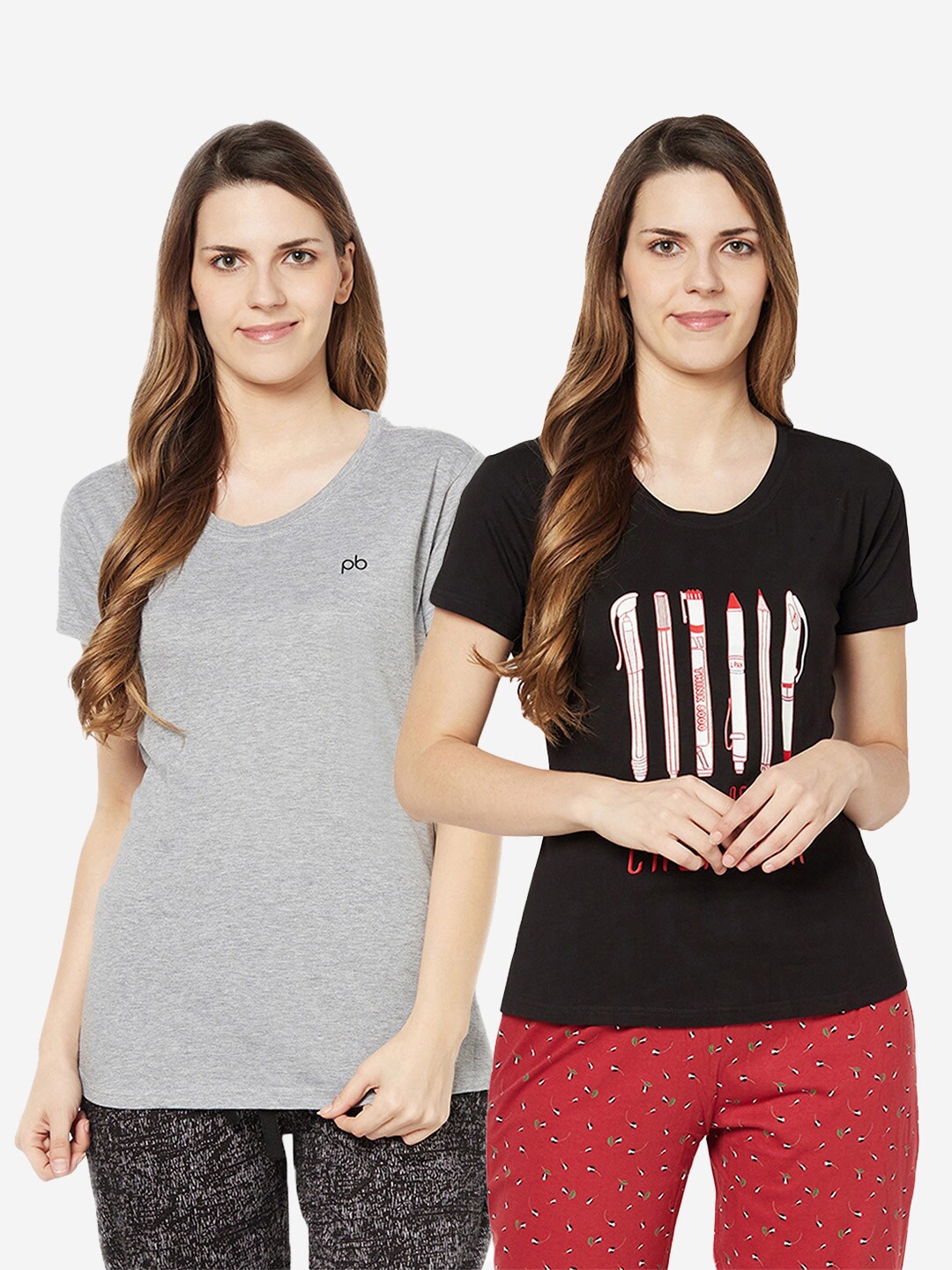 

GROVERSONS Paris Beauty Women Grey & Black set of 2 T-shirt