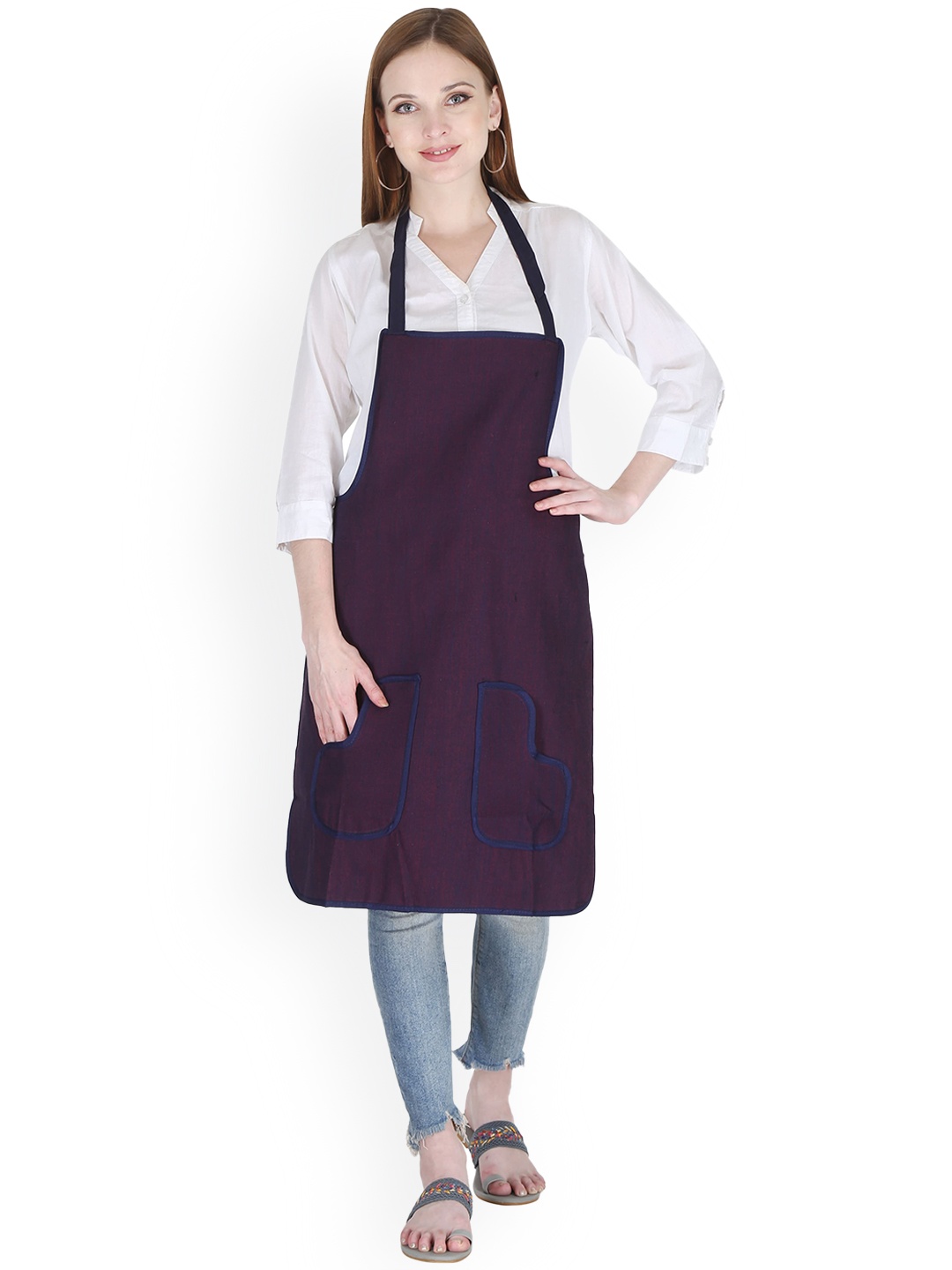 

Clasiko Purple With Blue Borders Kitchen Apron With Centre Front Pocket