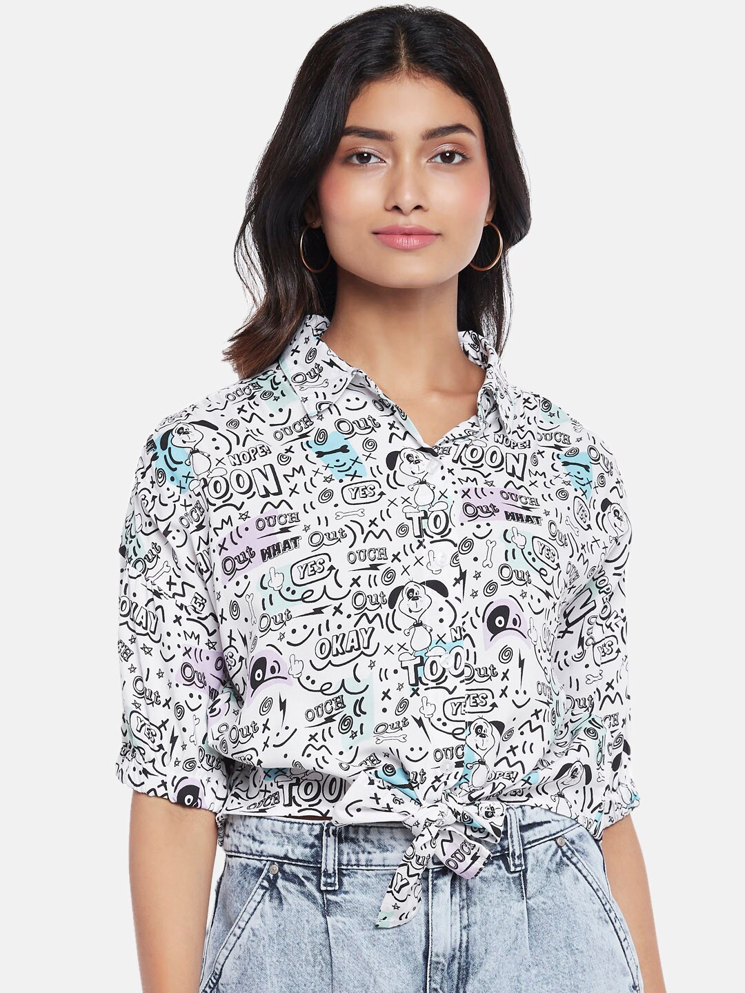 

People Women White Printed Casual Shirt