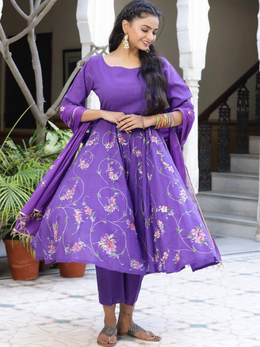

Baisacrafts Women Violet Empire Pure Cotton Kurta with Trousers & With Dupatta