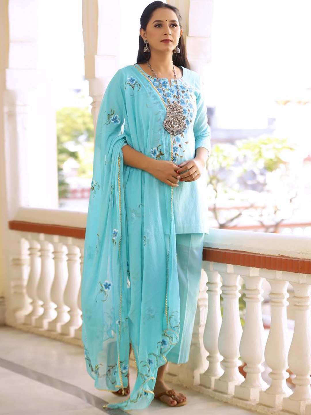 

Baisacrafts Women Blue Hand Painted Cotton Kurti with Trouser & Dupatta