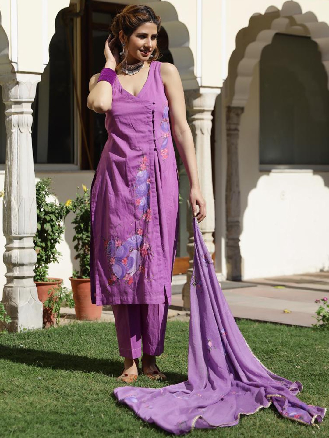 

Baisacrafts Women Violet Hand brush Painted Pure Cotton Kurta with Churidar & Dupatta