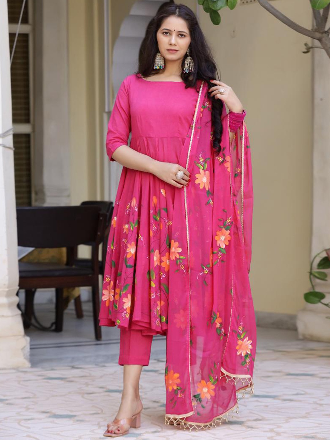 

Baisacrafts Women Magenta Floral Hand Painted Pure Cotton Anarkali Kurta Set With Dupatta