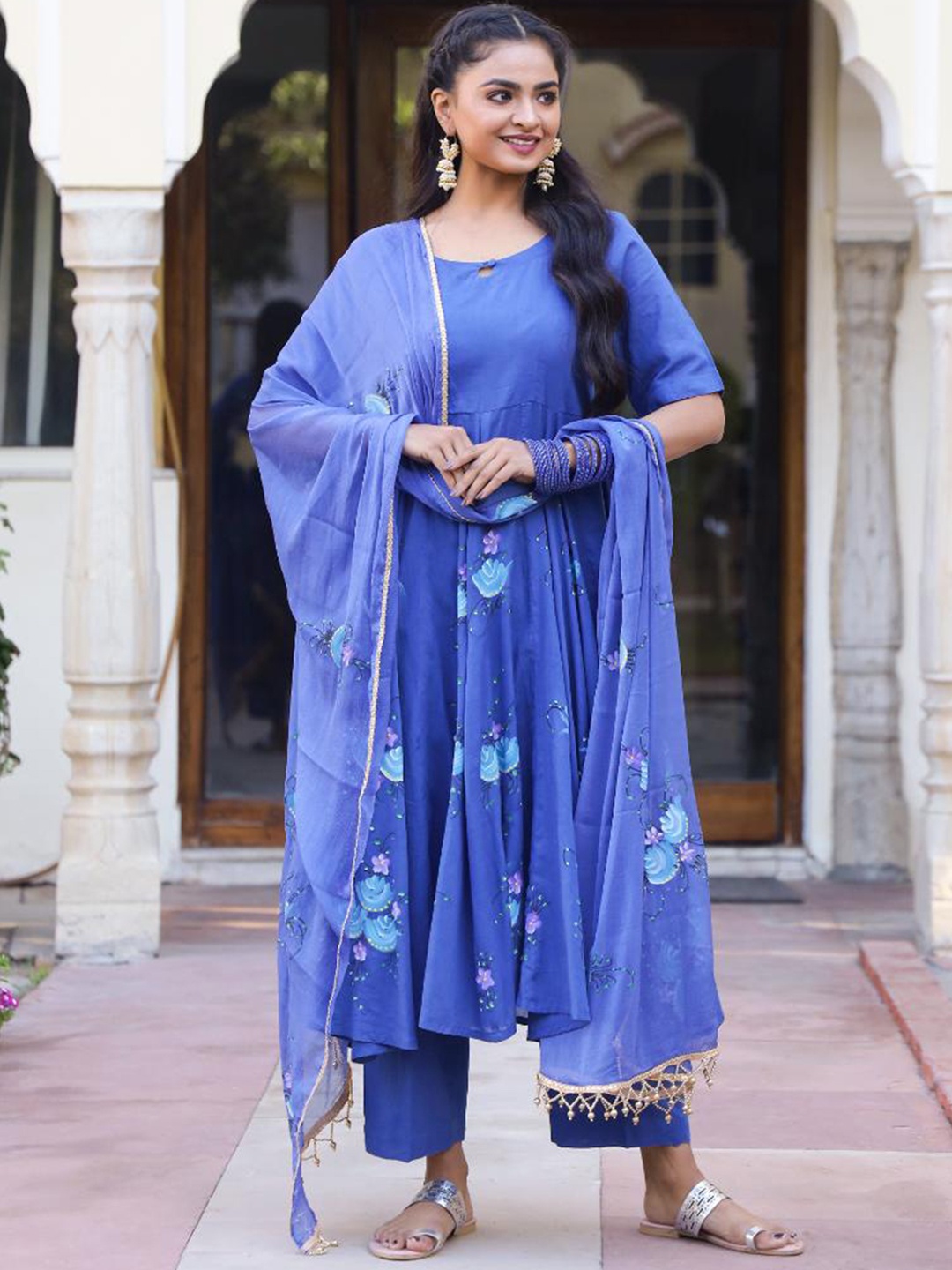 

Baisacrafts Women Blue Hand Painted Pure Cotton Anarkali Kurta & Trousers With Dupatta