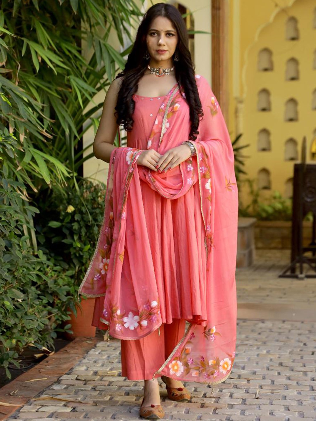 

Baisacrafts Women Coral Hand Painted Pure Cotton Anarkali Kurta & Palazzo with Dupatta