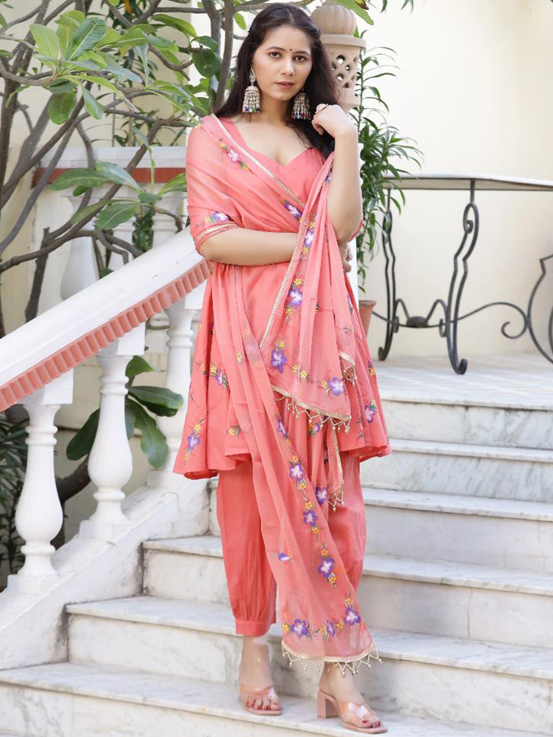 

Baisacrafts Womens Coral Floral Hand Painted Pure Cotton Anarkali Suit Set