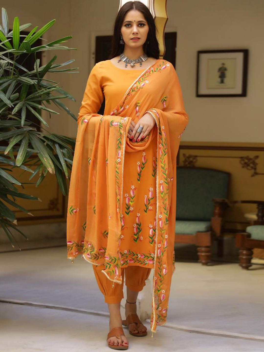 

Baisacrafts Women Orange Hand Painted Pure Cotton Kurta With Trousers & Dupatta