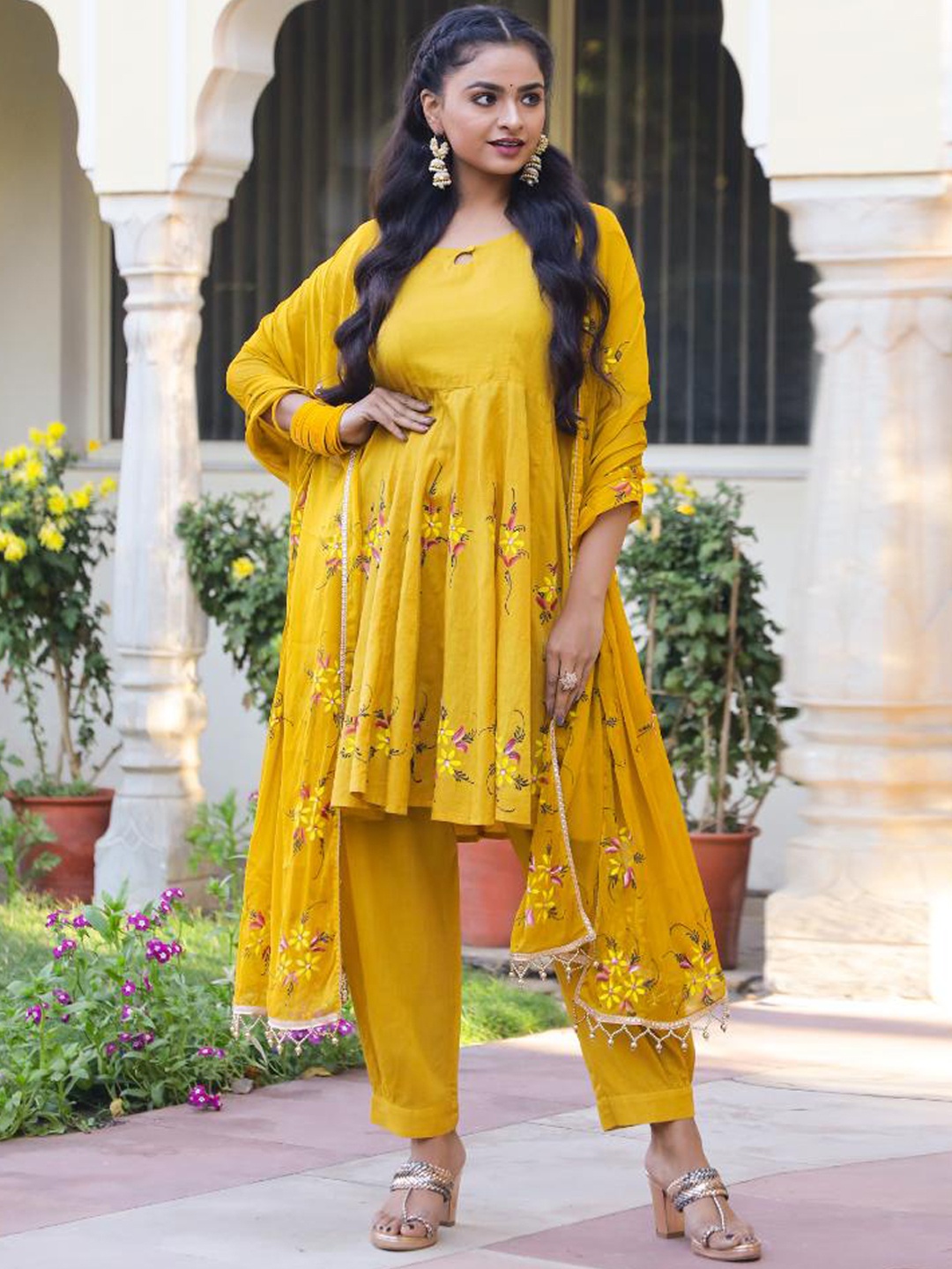 

Baisacrafts Women Mustard Yellow Floral Handbrush Painted Kurta ,Salwar& Dupatta