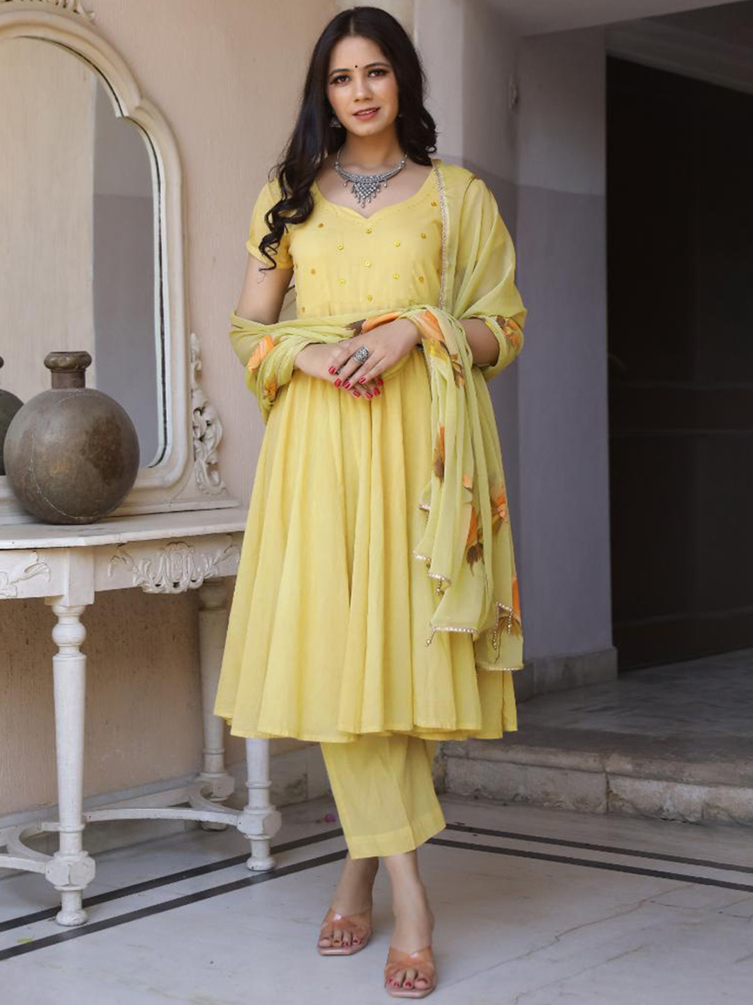 

Baisacrafts Women Yellow Hand Painted Pure Cotton Anarkali Suit Set with Dupatta