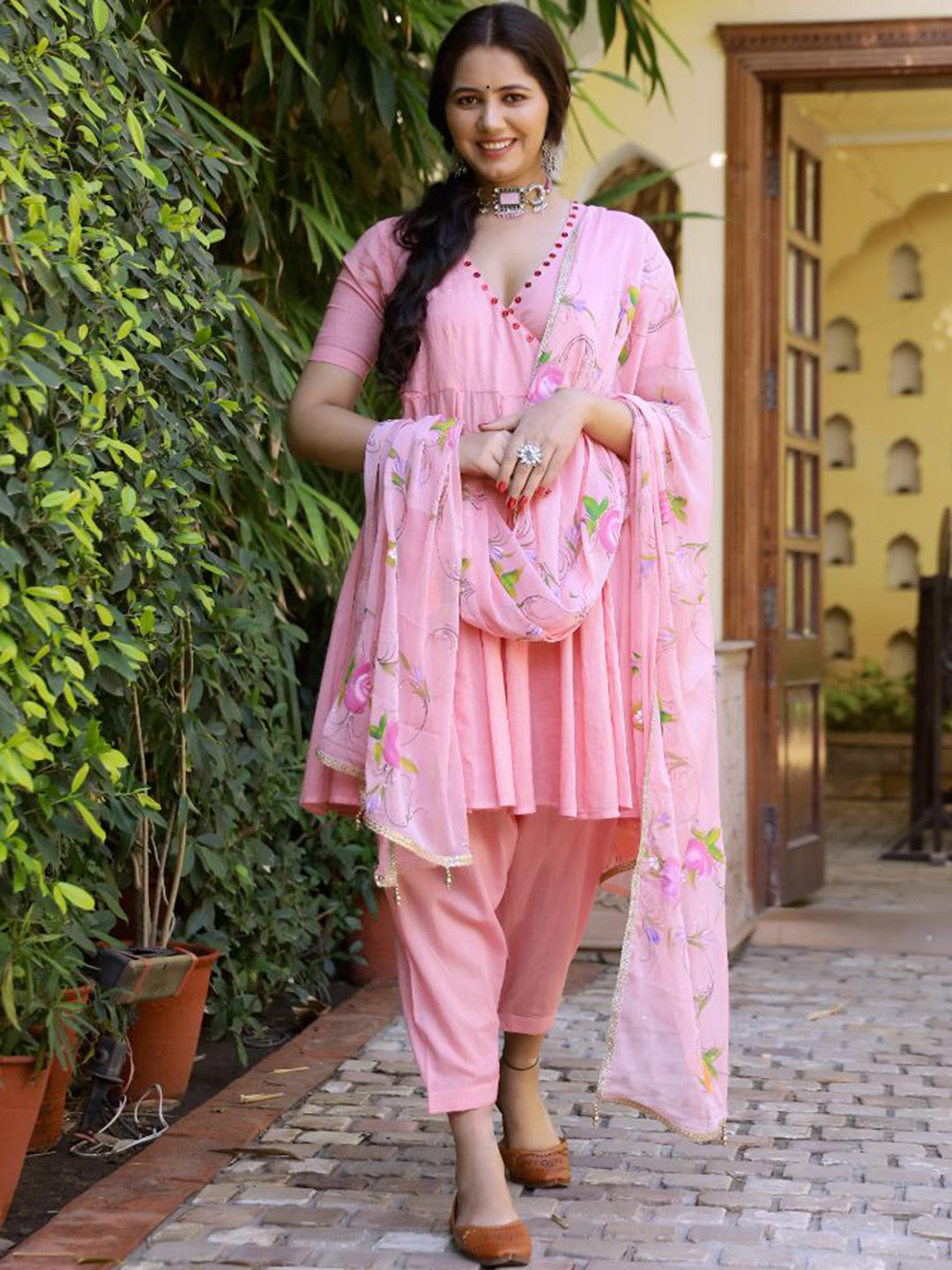 

Baisacrafts Women Pink Handpainted Angrakha Thread Work Pure Cotton Kurti & Trousers With Dupatta