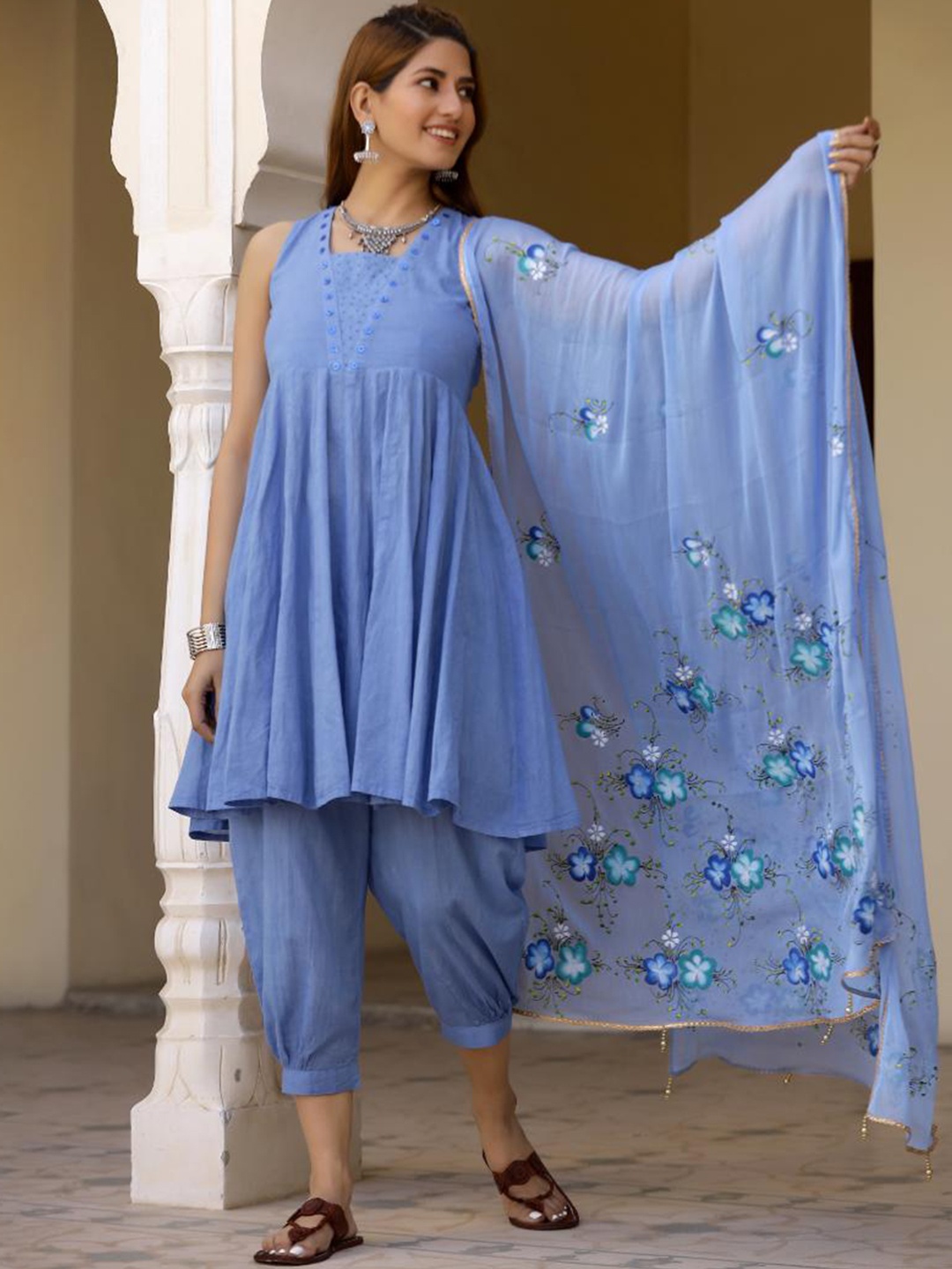 

Baisacrafts Women Blue Empire Pure Cotton Kurta with Trousers & With Dupatta