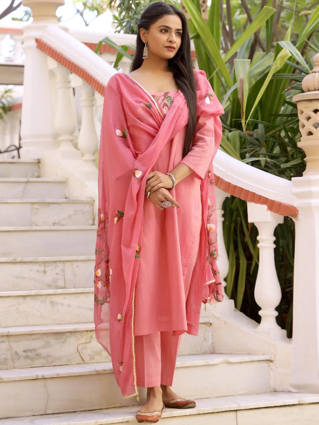 

Baisacrafts Women Peach Hand Painted Cotton Kurta Trousers With Dupatta