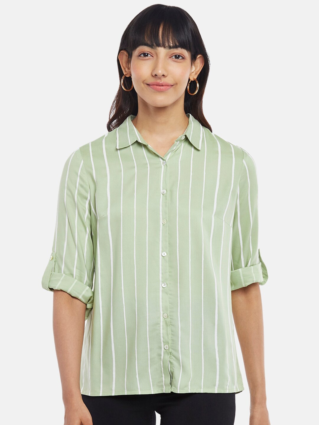 

Honey by Pantaloons Olive Green Striped Roll-Up Sleeves Shirt Style Top