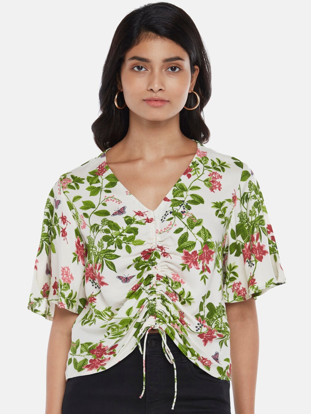 

Honey by Pantaloons Off White Floral Print Ruched Top