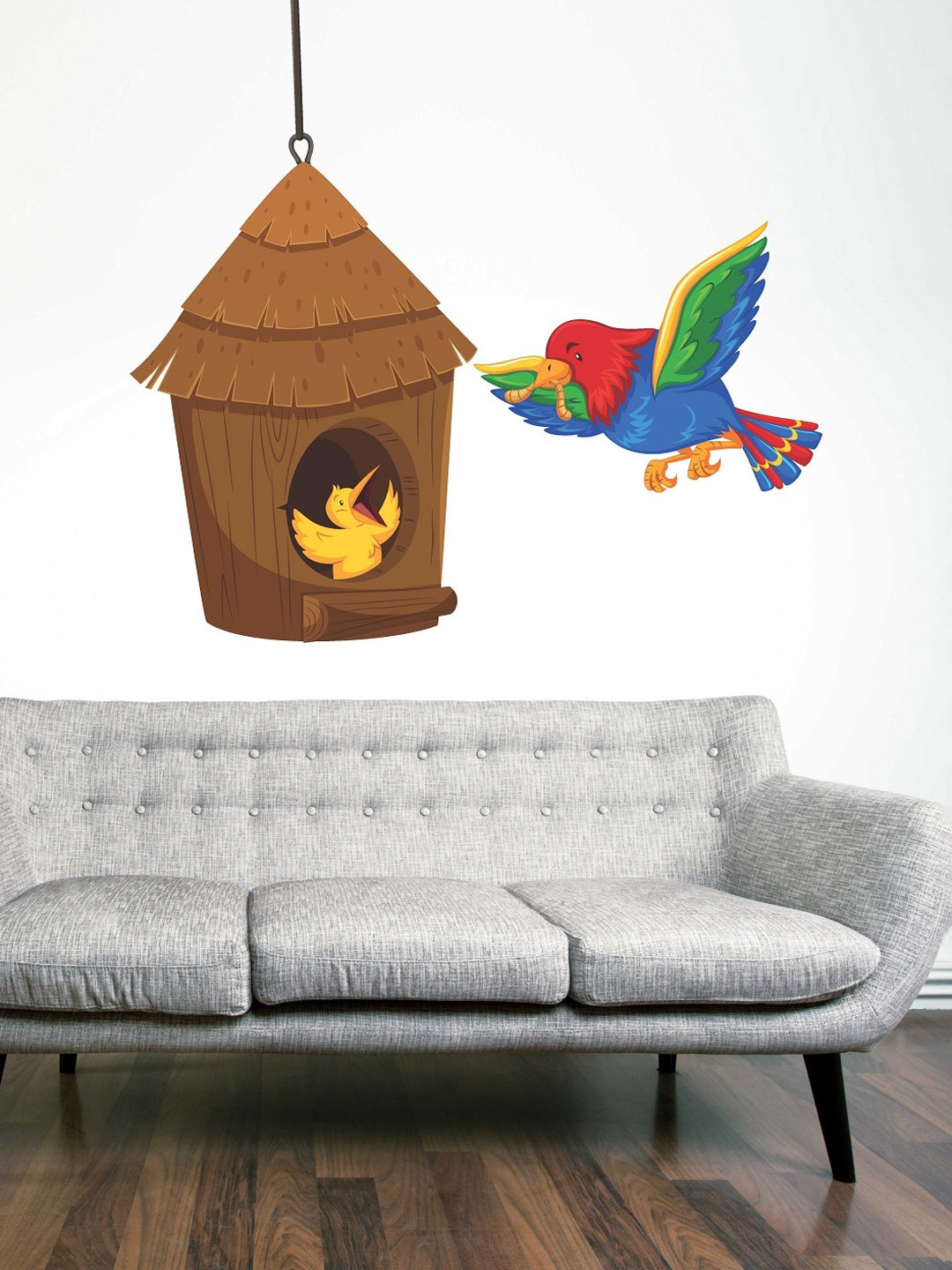

WALLSTICK Brown & Blue Birds & Family With Cage Printed Wall Stickers
