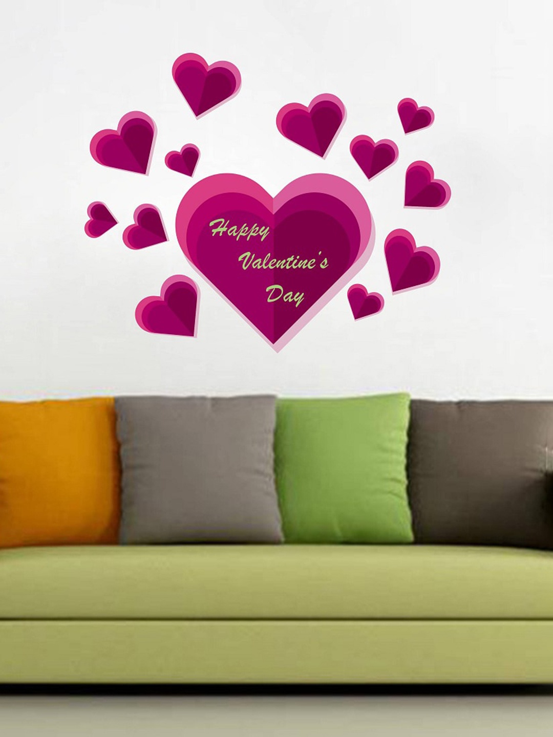 

WALLSTICK Purple & Green Happy Valentine's Days Heart Wall Stickers