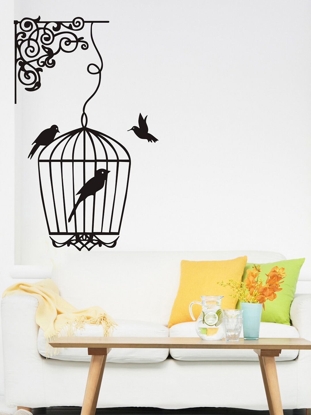 

WALLSTICK Unisex Black Cage With Birds Printed Wall Sticker