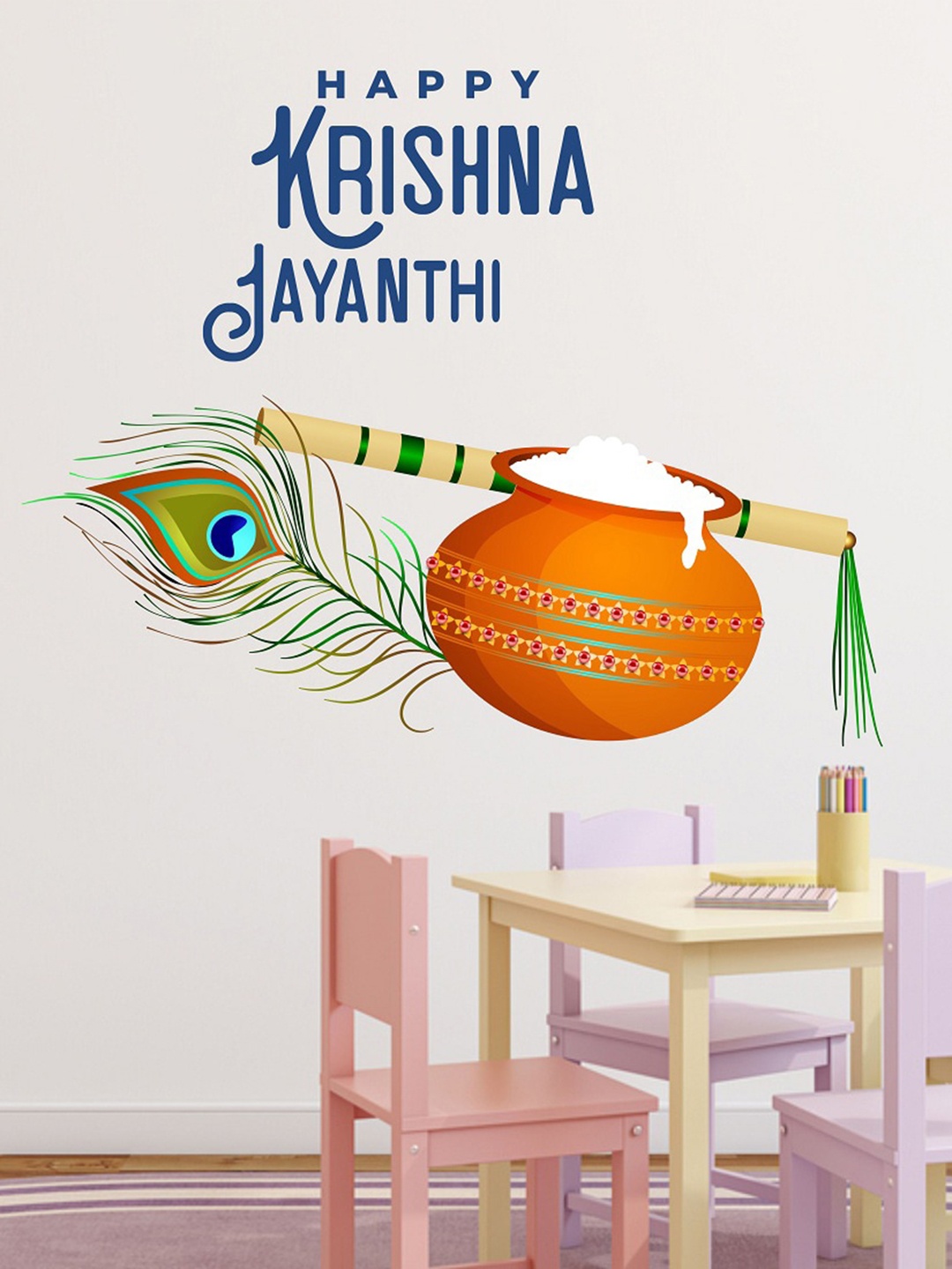 

WALLSTICK Blue & Orange Printed Happy Krishna Jayanthi Wallsticker