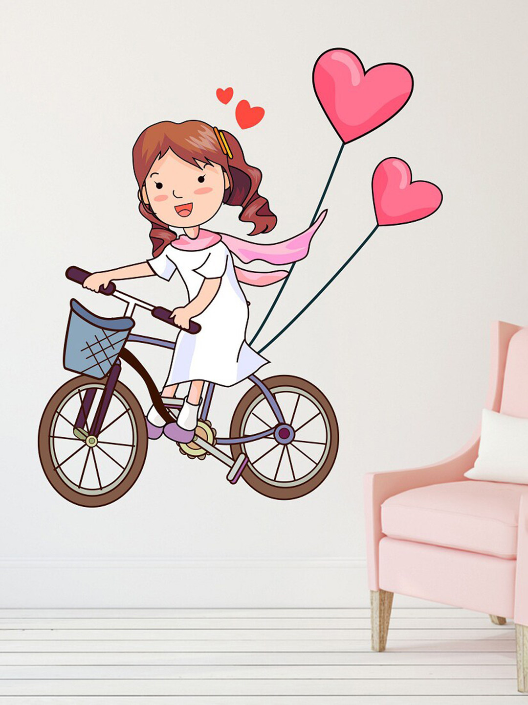 

WALLSTICK White & Pink Cute Girl Cycling Printed Wall Sticker