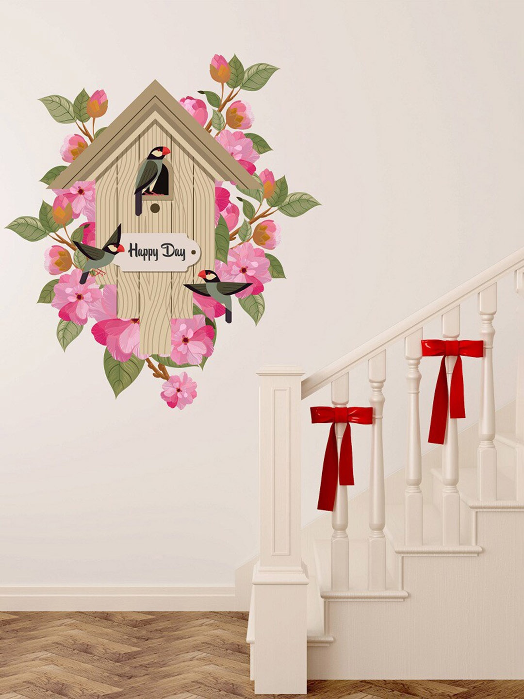 

WALLSTICK Beige & Pink Love Birds Nest Vinyl Wall Sticker